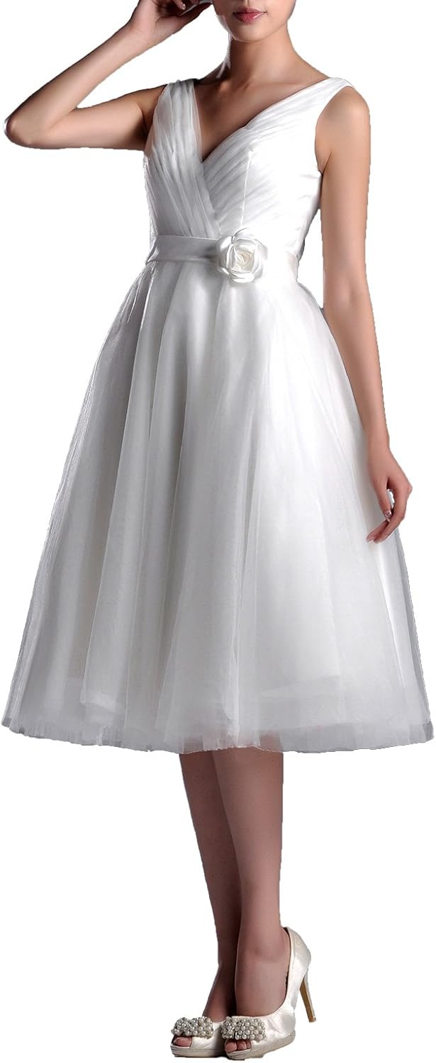 Wedding Dresses V-Neck Bridal Gowns Simple A-line Tea Length Wedding Dress Bride Short at Women’s Clothing store