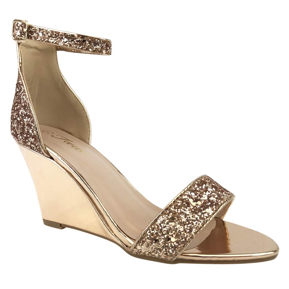 Forever Women's Ankle Strap Wedge Heel Glitter Prom Sandals Peep Toe High Platform Sandals (Roes Gold, 6.5 US)