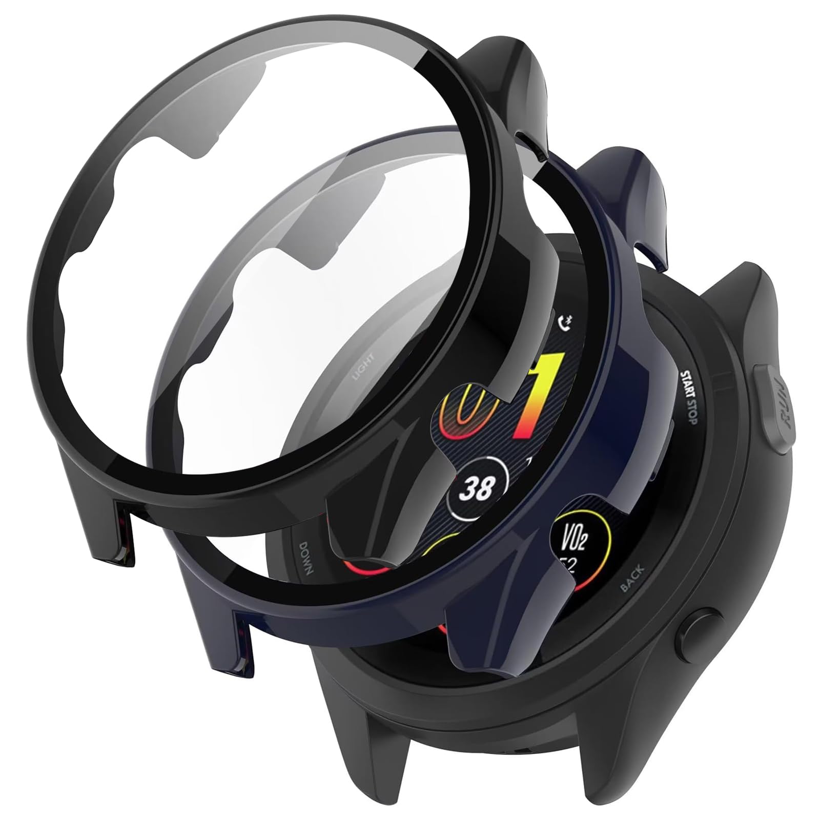 KZIOACSH Case with Tempered Glass for Garmin Forerunner 165/165 Music, 2 Pack Full Coverage Waterproof Hard PC Bumper Cover Ultra-Thin Anti-Scratch Shockproof Overall Screen Protector Protective Case