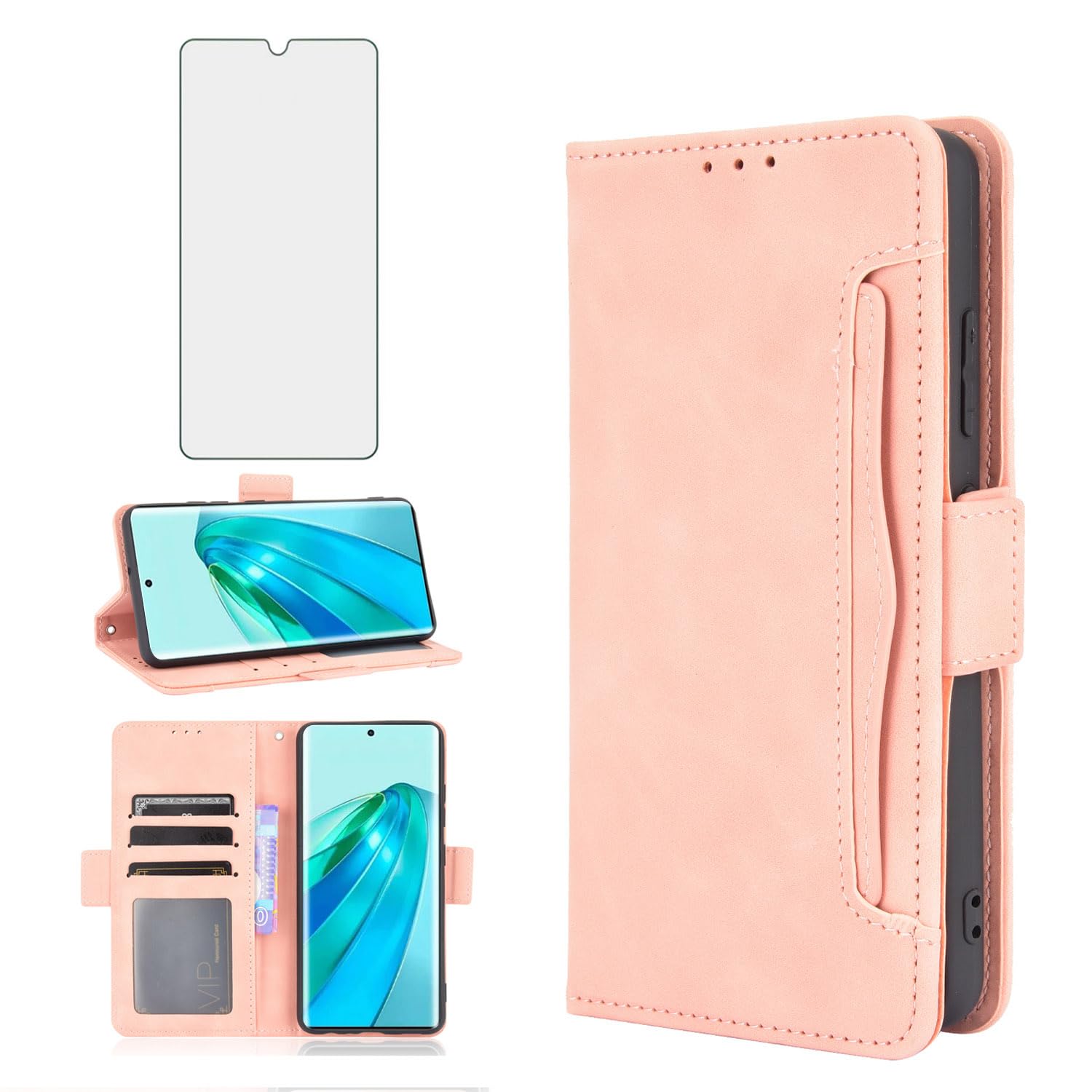 Asuwish Compatible with Huawei Honor X9A Wallet Case and Tempered Glass Screen Protector Card Holder Stand Leather Flip Cell Accessories Phone Cover for honorx9a X9 A Women Men Rose Gold