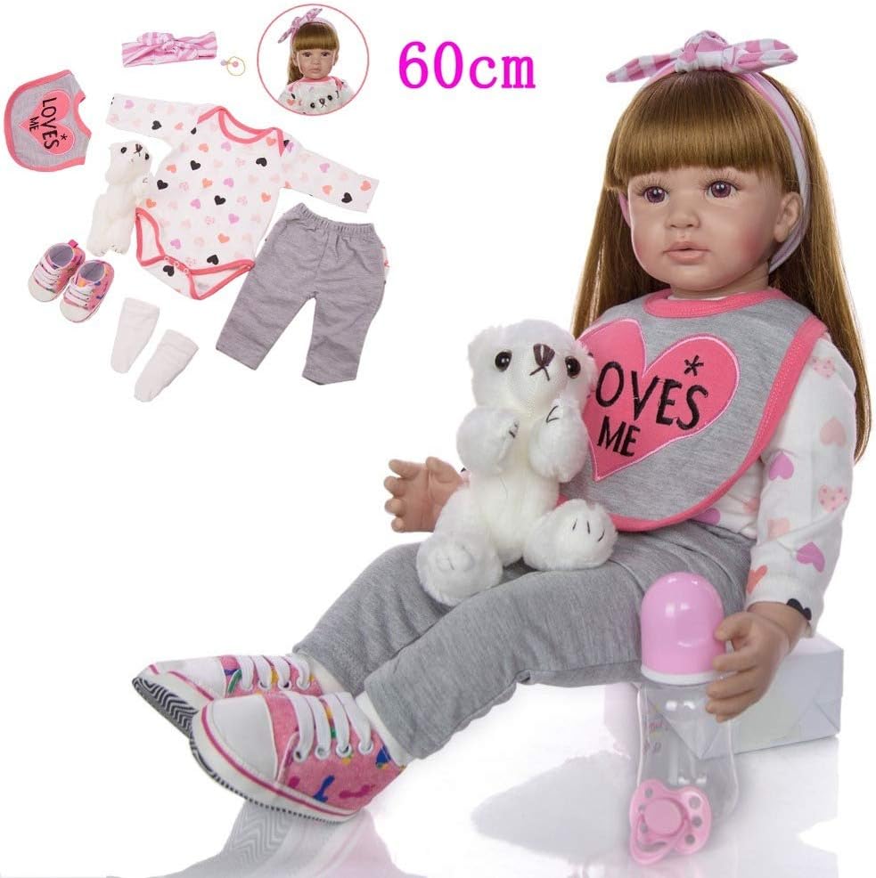 Minsong 60cm Soft Vinyl Silicone Life Like Reborn Baby Doll Long Hair Newborn Dolls Brown Eye Love Long-sleeved T-shirt…