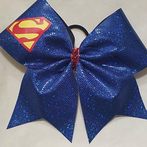 SUPERMAN red & yellow logo BLUE HOLOGRAM CHEER BOW - Custom team orders by request