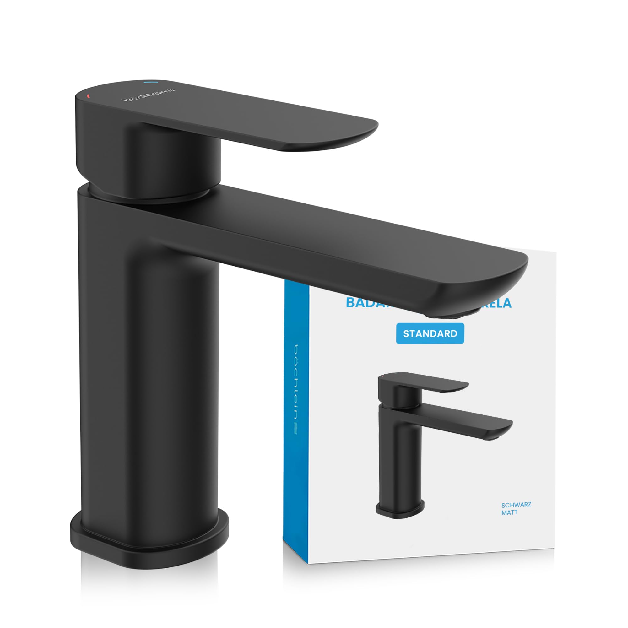 Bächlein Tap for The Bathroom in Classic Design, Single-Lever Mixer with Durable Ceramic Cartridge and Installation Set, Matt Black Bathroom Faucet - Flat Spout