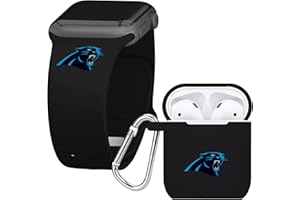 Game Time Carolina Panthers Silicone Watch Band and Case Cover Combo Package Compatible with Apple Watch and AirPods Battery Case (42/44/45mm Black/Black)