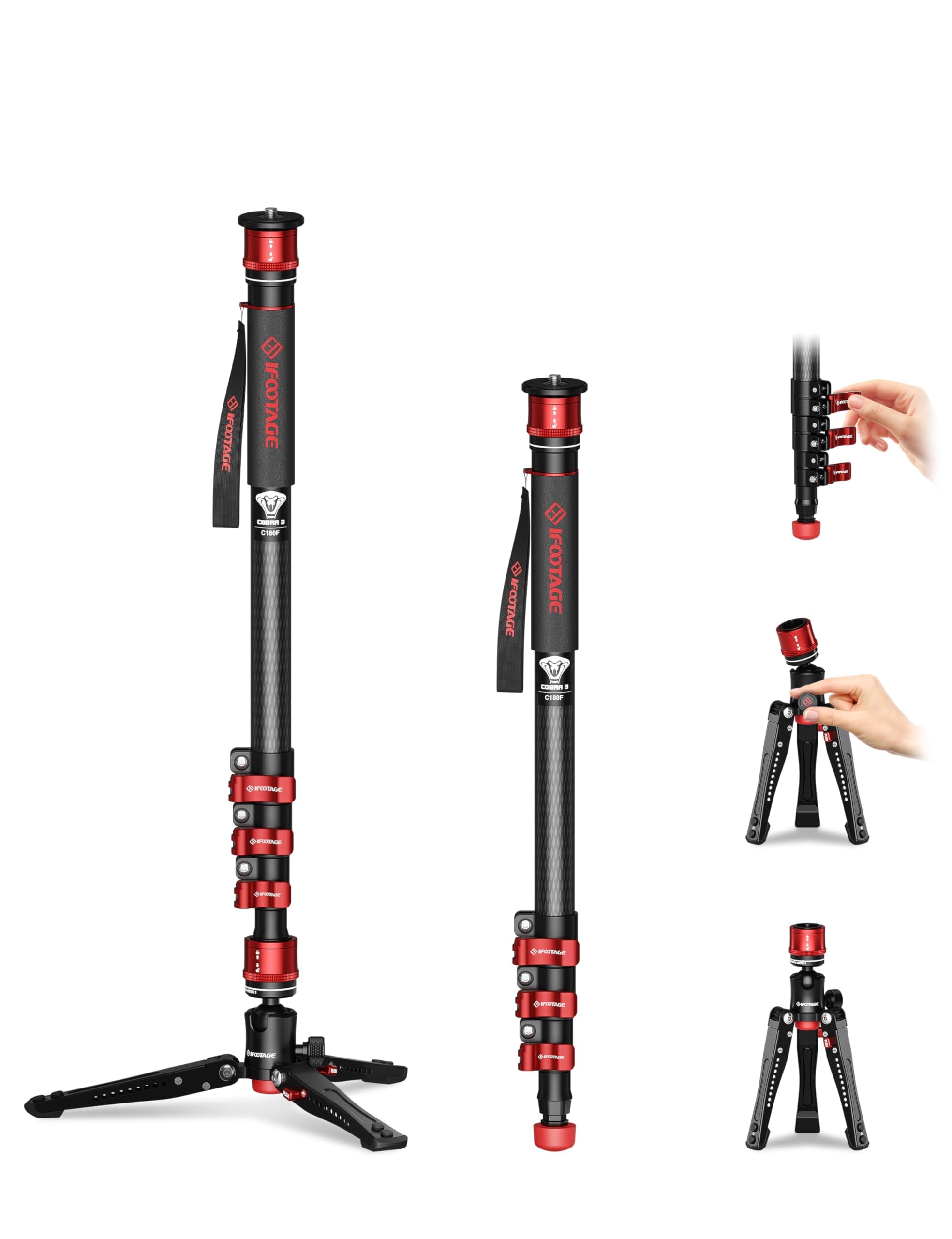 IFOOTAGE Cobra 3 Monopod C180F,Carbon Fiber Monopod with Feet for Camera,DSLR,Minipod Base Tripod,Payload up to 17.6lbs/8KG,Max. Height 71inch/180cm — image 1