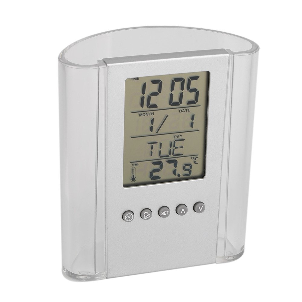 Michelle Grey & Transparent ABS multi-functions Digital Desk Pen/Pencil Holder LCD Alarm Clock Thermometer & Calendar Display Home Décor