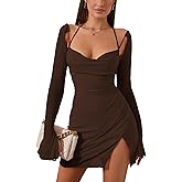 HTZMO Sexy Women's Halter Flounce Sleeves Ruched Mini Dress Sheer Mesh Side Split Cute Party Short Dresses