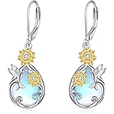 AOBOCO Dragonfly/Sunflower/Rose/Hummingbird Bird Moonstone Earrings 925 Sterling Silver Teardrop Dangle Hypoallergenic Leverback Earring for Women Jewelry Christmas Holiday Birthday