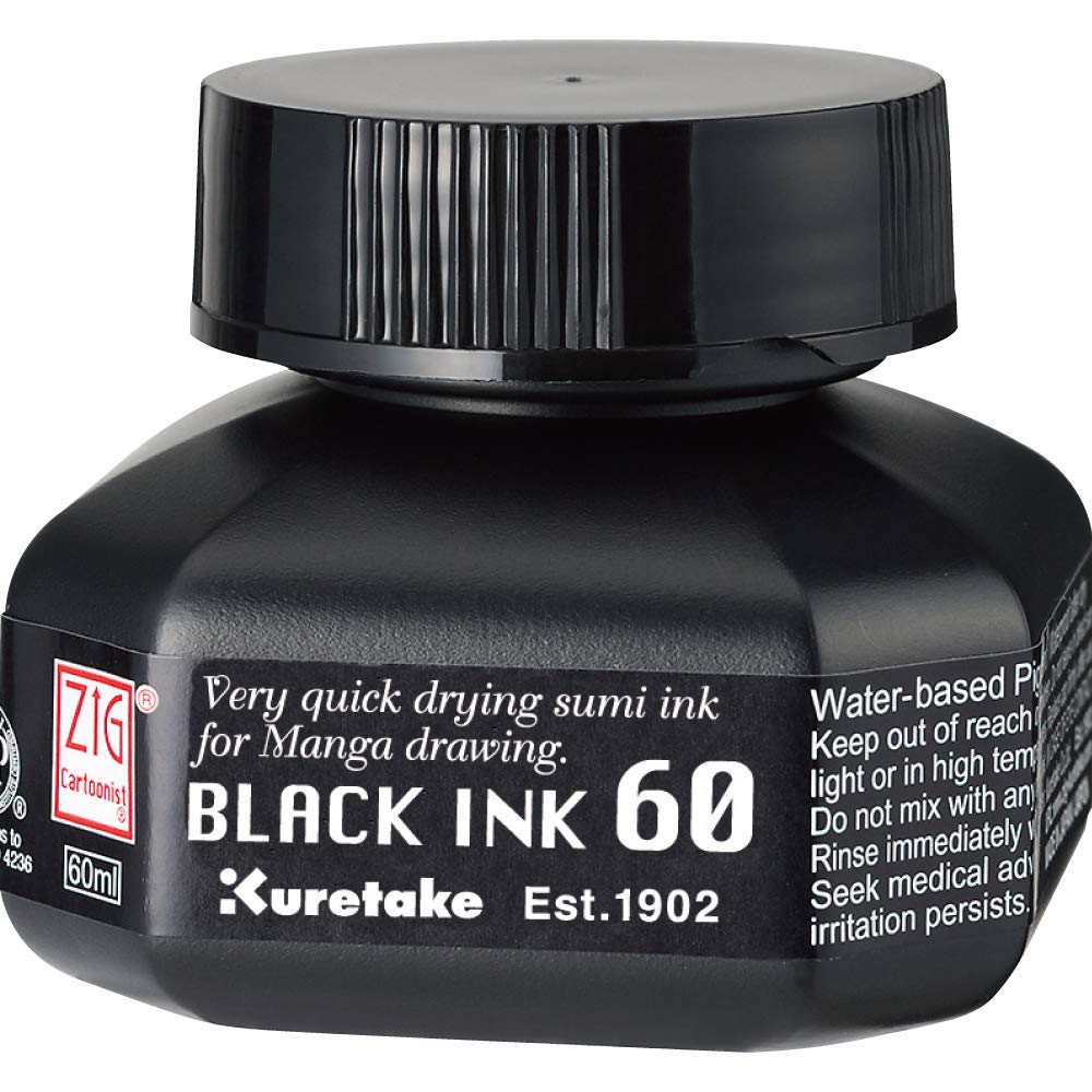 Kuretake Zig Cartoonist Black Ink 60ml, for dip Pen, Brush, Quick Dry, Drawing, Calligraphy, Illustration, Lettering, for Professional, Artists, Manga, Made in Japan