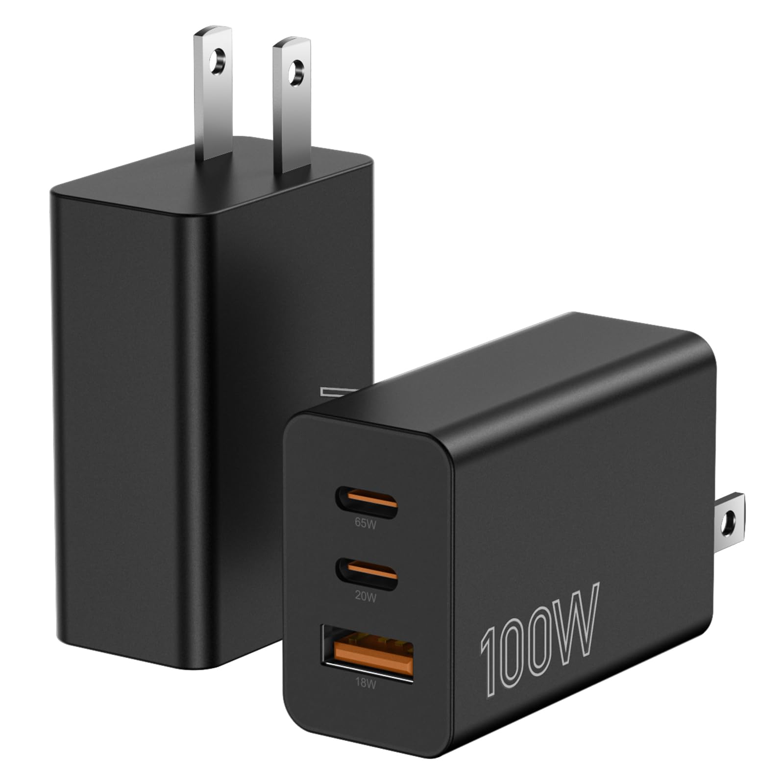 Photo 1 of 2Pack 100W USB C Charger Block, 3Port Fast Charging Adapter, Type C Fast Charging Blocks Cube PD USBC Wall Plug+QC3.0 USB A Charger Brick for MacBook Pro/Air,iPad,iPhone 17/16,Samsung S25 &More-Black