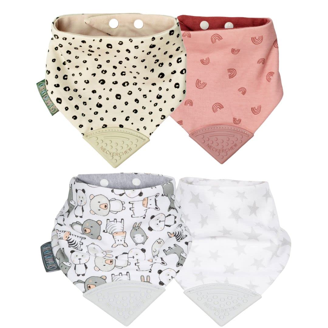 Cheeky Chompers Teething Bibs | 2 months+ Reversible Bandana Bib & Baby Teether | Multi-Award Winning Neckerchew (Leopard & Rainbow, 4 Pack)