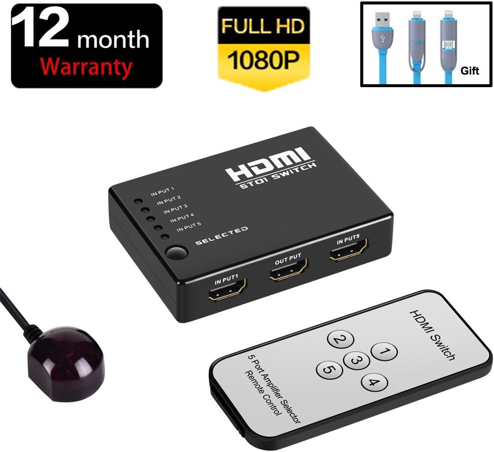 HDMI Switch 5x1 HDMI Switcher Box Selector Supports 3D Ver1.3 Full HD 1080P Manual Switch & IR Remote Control HDCP Pass-through Compatible for Computer, HD-DVD, SKY-STB, PS3 etc.