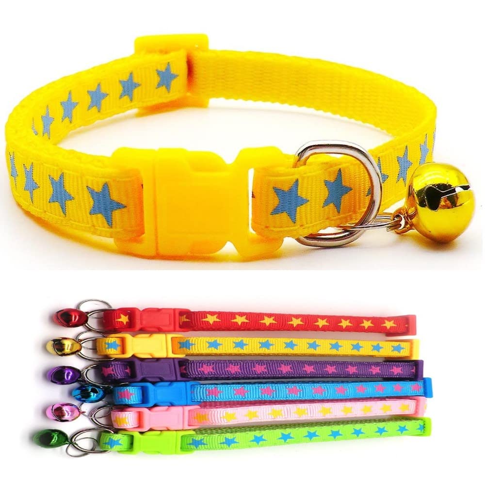 Small Dog Puppy Pet Collar Star Design with Bell Nylon Adjustable Size 19-32cm Yellow