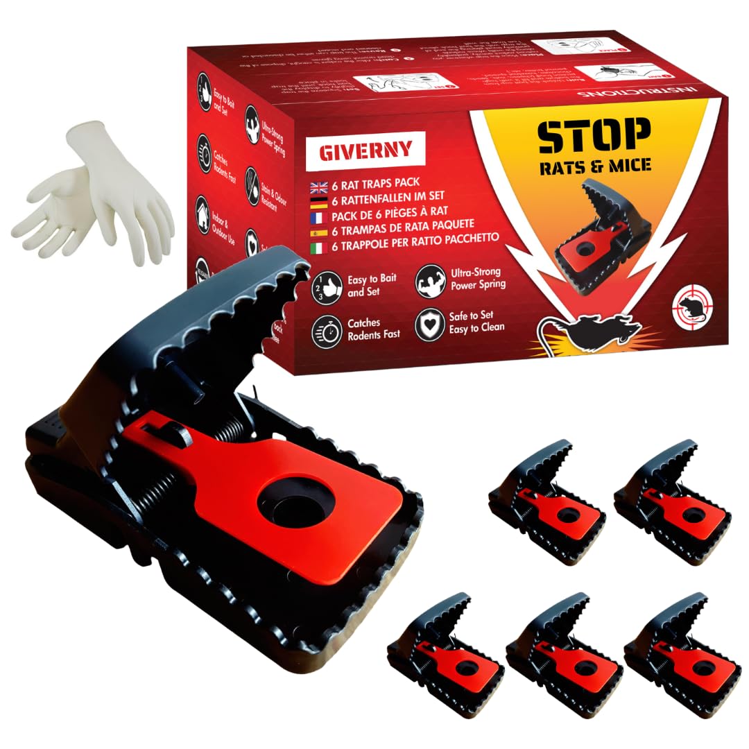 GIVERNY Rat Traps, Mouse Trap for Home Use Indoor and Outdoor, Humane Easy to Bait Mice and Rats Killer, House Pest Control Snap Mousetrap, Rodent Killer Mousetraps that Kill Instantly, 6 Pack