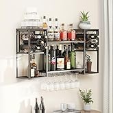 KaKaBB Metal Wall Mounted Wine Rack 2 Tier, Bar Shelves for Liquor Bottles with Glass Holder Storage, Floating Liquor Wall Shelf for Home Bar Kitchen Dining Room (Black)