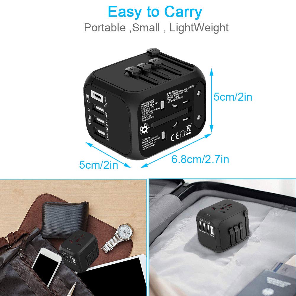 BOLWEO International Travel Adapter with Auto-Reset Fuse, Universal Power Adapters Worldwide US UK EU AU Plug 5A Output, 1 Type C, 3 USB Power Converter AC Outlet Wall Charger (Black)