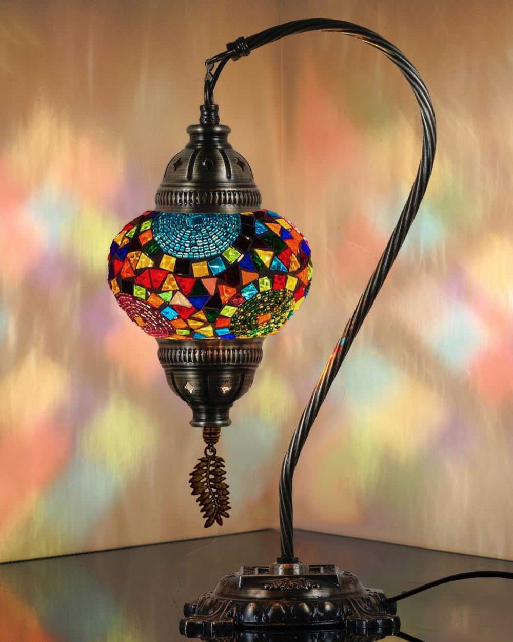 DEMMEX Turkish Moroccan Mosaic Table Lamp–Handcrafted Tiffany-Style Colorful Glass Swan Neck Bedside, Desk Light, Boho Artisan Accent Lighting for Bedroom, Living Room–38cm H, Multicolor