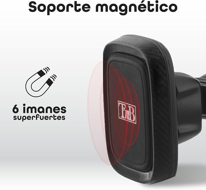 Suporte para Telemóvel Magnético Sora, 6 ímanes potentes – Braço ajustável – Rotação de 360° – Ventosa 2 em 1 – Acabamento em carbono – Preto