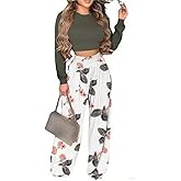 2 Piece Outfits for Women Long Sleeve Crop Top High Waist Wide Leg Long Pant Sets Tracksuit Sport Set