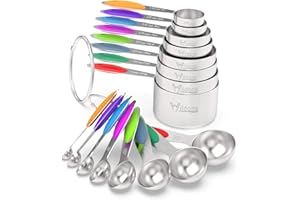 Measuring Cups & Spoons Set of 16, Wildone Premium Stainless Steel Measuring Cups and Measuring Spoons with Colored Silicone 