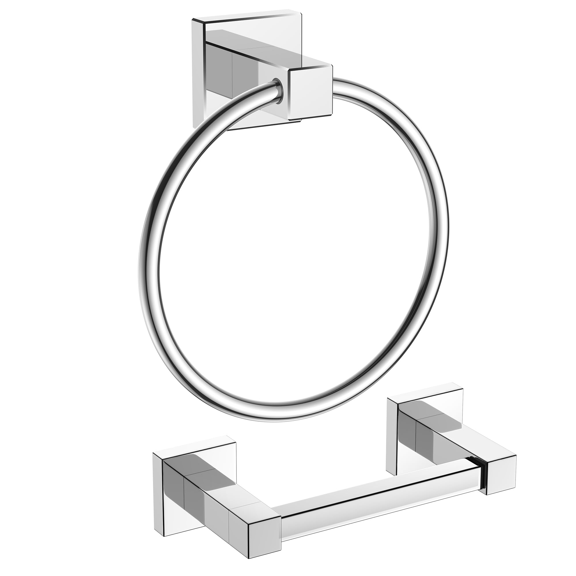 FORIOUS Toilet Paper Holder Wall Mount and Hand Towel Ring Set, SUS 304 Stainless Steel Double Post Pivoting Tissue Roll Holder, Modern Bathroom Hardware Accessories Set, Chrome Image