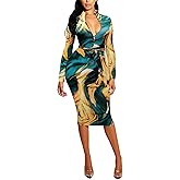 ECHOINE Women Sexy Floral Print V Neck Long Sleeve Front Zipper Stretchy Pencil Midi Bodycon Dress Office Work with Belt