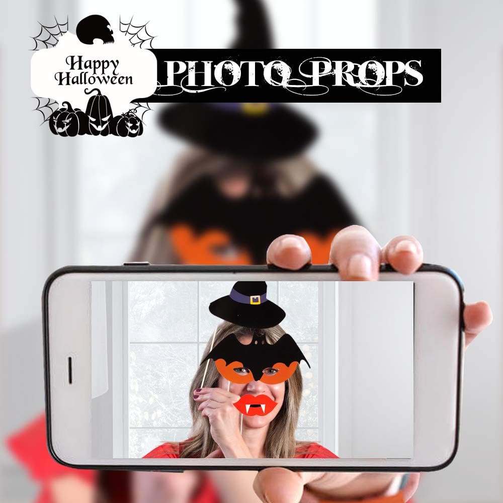 PUSITI Pre-assembled Halloween Photo Booth Props 35 Pieces Party Favors Decorations Halloween Props Pumpkin Ghost Lips Skull Glasses Wizard Hat Spider Mask Pose Sign Kit Funny Halloween Photo Booth Props 2020 Version: Toys & Games