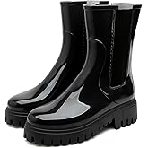 Hsttgsr Rain Boots for Women, Waterproof PVC Rubber Garden Boots Womens Chelsea Boots Short Platfrom Rain Boots, Anti-Slip Elastic Slip On Rainboots Garden Rain Shoes for Yard Farm Outdoor Work