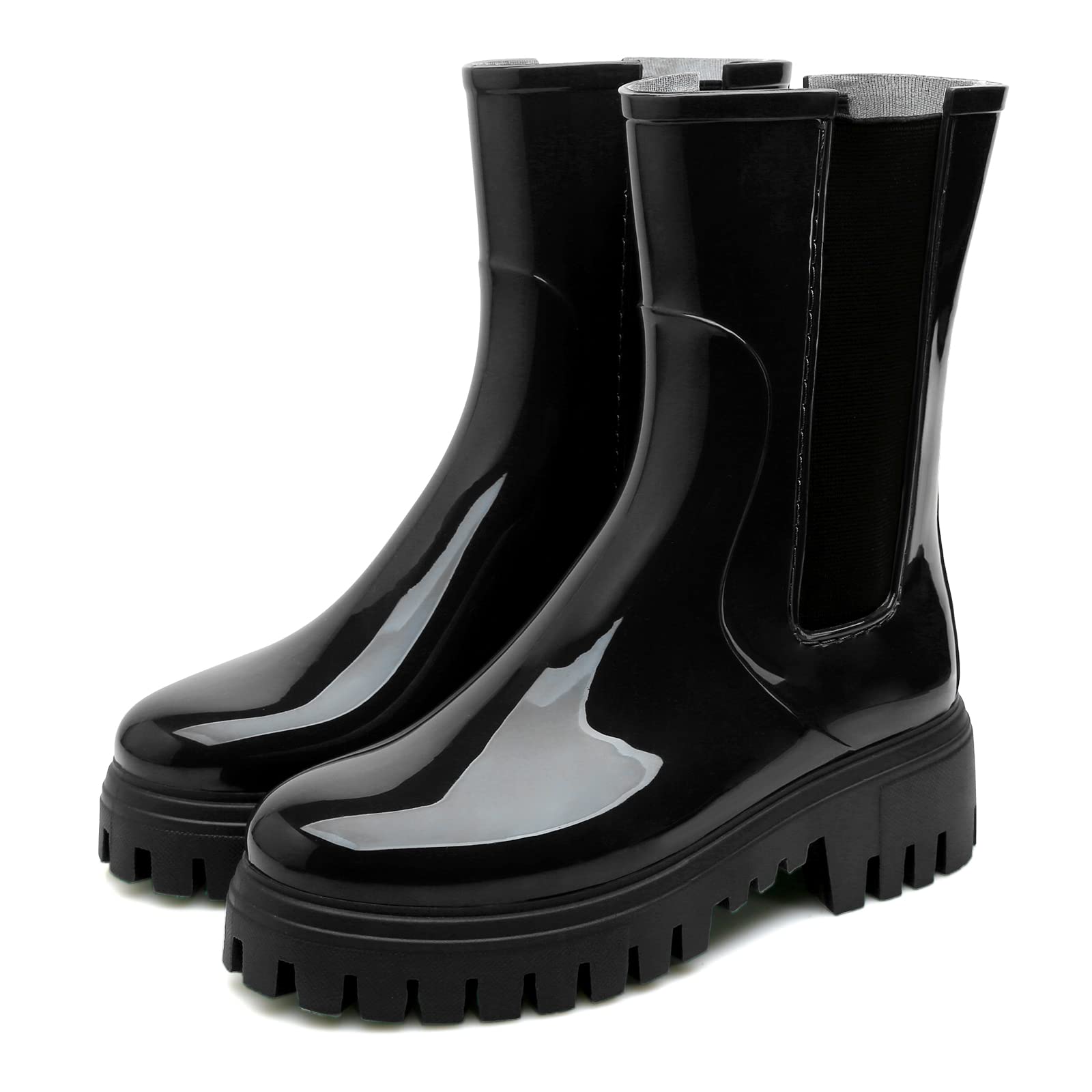 Photo 1 of Hsttgsr Rain Boots for Women, Waterproof PVC Rubber Garden Boots Womens Chelsea Boots Short Platfrom Rain Boots, Anti-Slip Elastic Slip On Rainboots Garden Rain Shoes for Yard Farm Outdoor Work