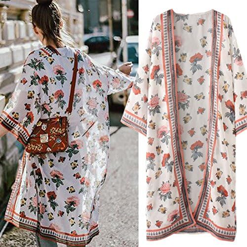 Women Long Cardigans Floral Bohemia Shawl Coats Tops Chiffon Kimono Smock Blouse Outwear Coat Hemlock