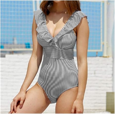 Amazon Co Jp Mfsl 女性のレトロvネックストライプ水着ワンピースハスの葉の肥厚ハイウエスト水着女性のビキニの水着のスーツプッシュアップ 色 Black White Striped サイズ Xl ホーム キッチン