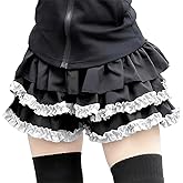 RILGOU Lolita Kawaii Gothic Casual Style Elastic Waist Vintage Layered Lace Hem Ruffle Short Skirt with Underneath