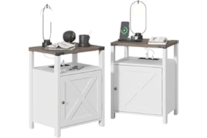 Fameill Nightstands Set of 2, Night Stand with Charging Station, Bed Side Table with Storage Cabinet, Farmhouse End Table for Living Room with USB Ports and Outlets, White
