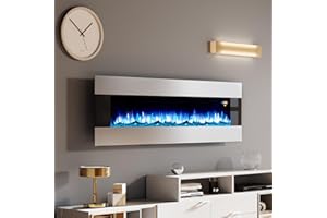 LUXOAK 60" Wall Mount Electric Fireplace, Stainless Steel Wall Hanging Fireplace with Remote, 6 Color 5 Brightness Log & Crystal Flame, Top Vent, Electric Heater for Living Room or Bedroom, Semisteel