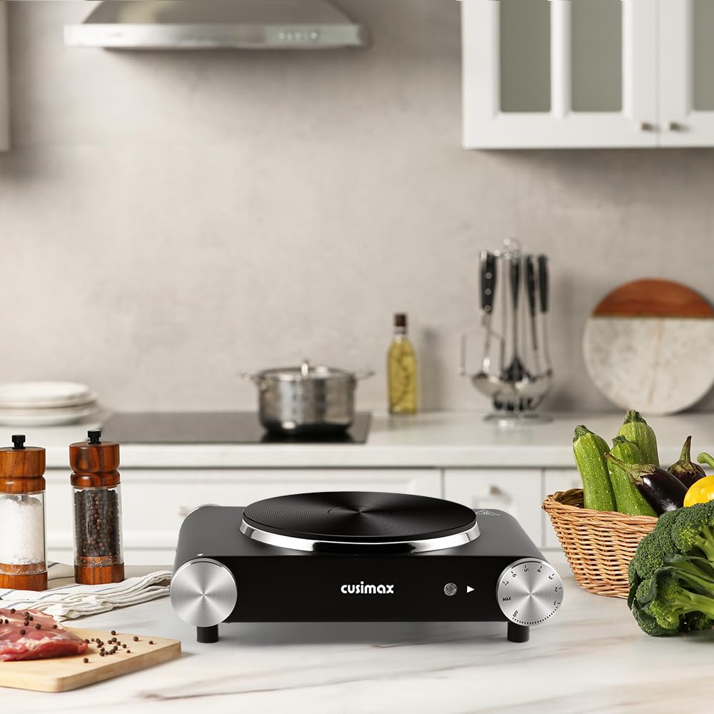 CUSIMAX Electric Hot Plate for Cooking Portable Single Burner 1500W Cast Iron hot plates Heat-up in Seconds Adjustable Temperature Control Stainless Steel Non-Slip Rubber Feet Upgraded Version B101