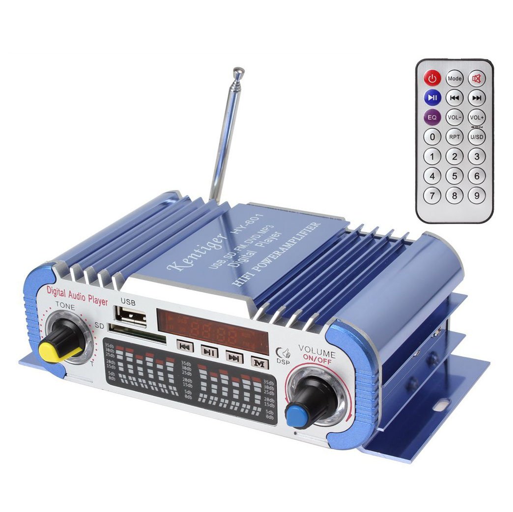 DollaTek 2 Channels Hi-fi Mini Digital Motorcycle Auto Car Stereo Power Amplifier Sound Mode Audio Music Player Support USB/FM/SD for Car Motorcycle Car Auto CD DVD DC 12V Input - Blue