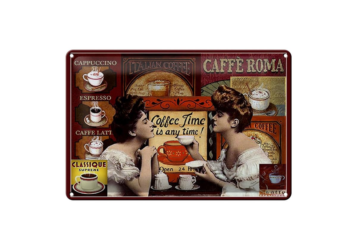 Tin Sign 20 x 30 cm Domed Coffee Time is Any Time Coffee Decorative Gift Sign Cafe