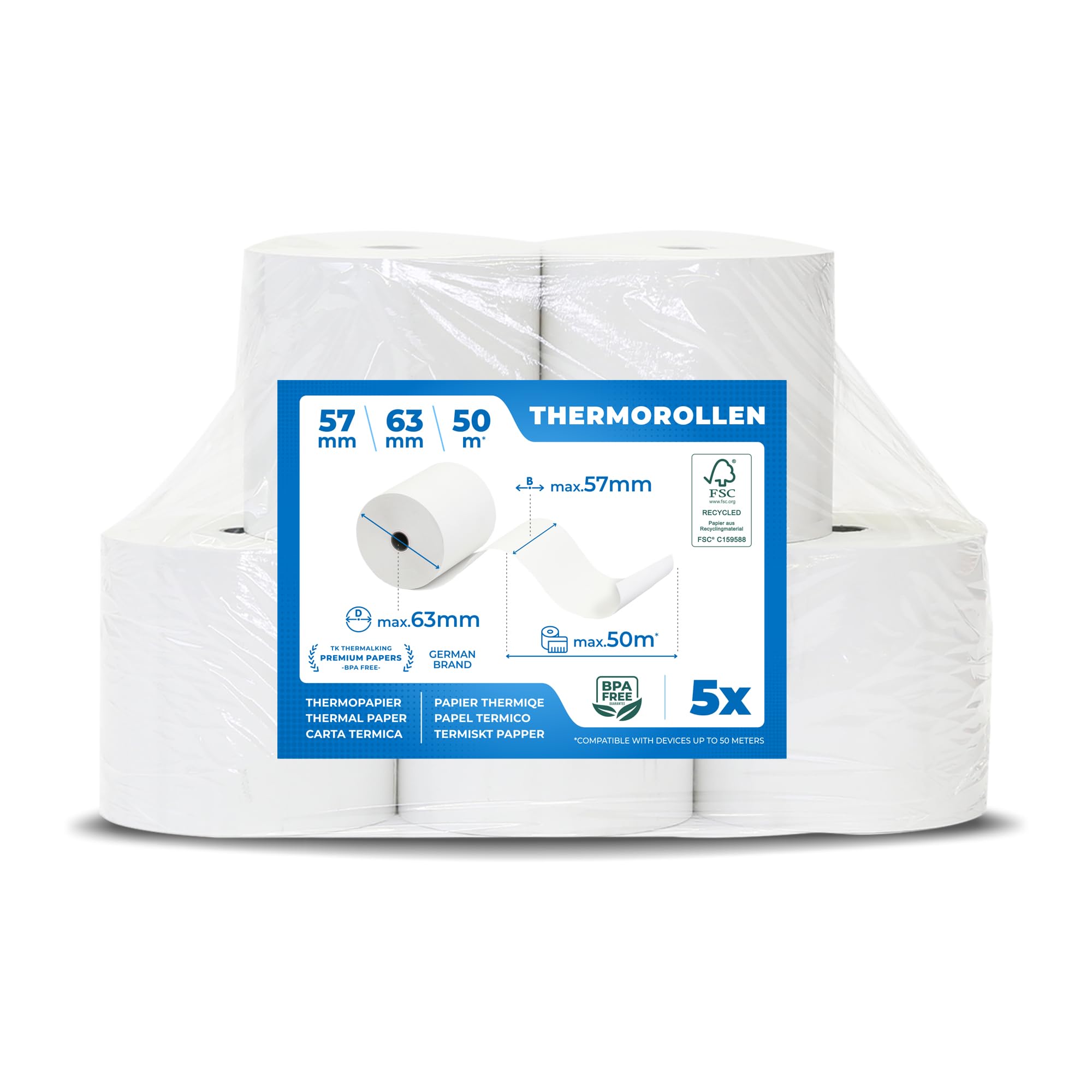 Premium Thermal Paper Receipt Rolls 57 mm x 52 mm x 12 mm - 50 m Length - Certified for Register Printers such as Epson, IBM, Metapace and Many More Pack of 5