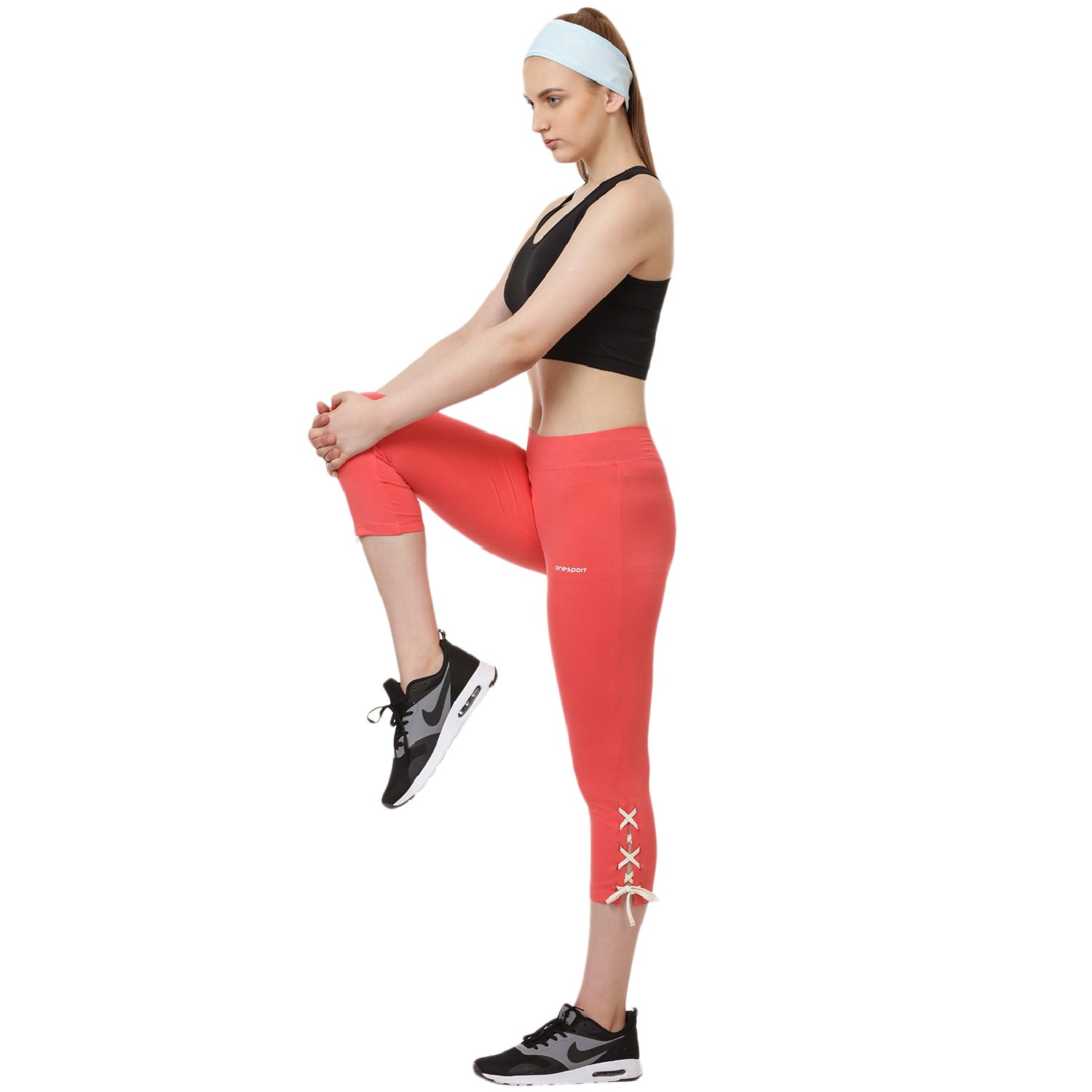 onesport coral solid slim fit 3/4 th length sports tights for women