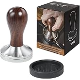 Coffee Tamper Espresso Press with Tamper Mat 304 Stainless Steel Flat Base Wooden Handle for Coffee Grounds Barista Espresso Machines Accessory (53MM)
