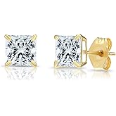 Solid 14k Yellow Gold Square Solitaire Cubic Zirconia Princess-cut CZ Real Gold Square Stud Earrings for Men and Women
