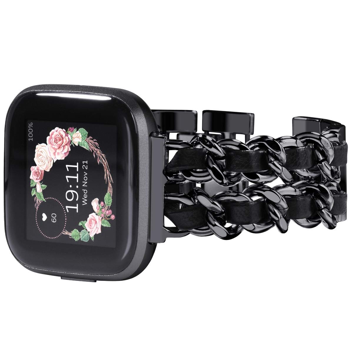 WINGLE Compatible with Fitbit Versa 2 strap, Women Bracelet Replacement band for Fitbit Versa/Versa Lite Edition Strap (Black Stainless Steel with Black Leather)