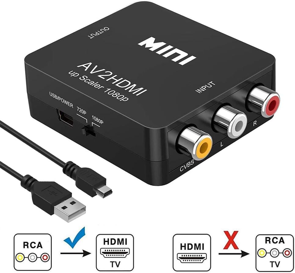 RCA to HDMI Converter, Runbod 1080P RCA Composite CVBS AV to HDMI Video Audio Converter Box for PS2 Wii Xbox VHS VCR Camera DVD Players, Support PAL/NTSC with USB Charge Cable