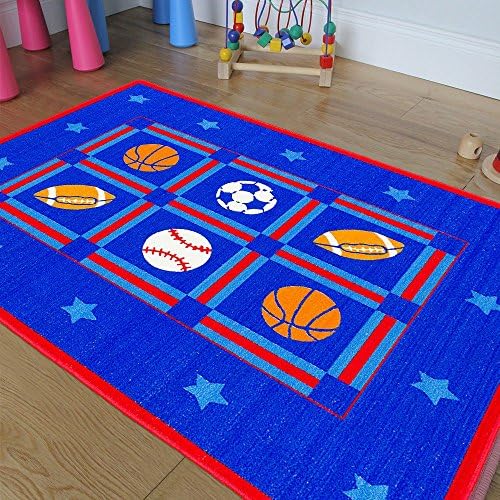 Champion Rugs Kids/Baby Room Area Rug. Sports. Football. Basketball. Soccer and Baseball. Bright Blue Colors (5 Ft X 7 Ft)