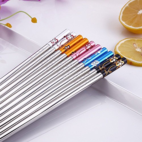 image for ZTTONE 1 Pair Length White Flower Pattern Stainless Steel Chopsticks L