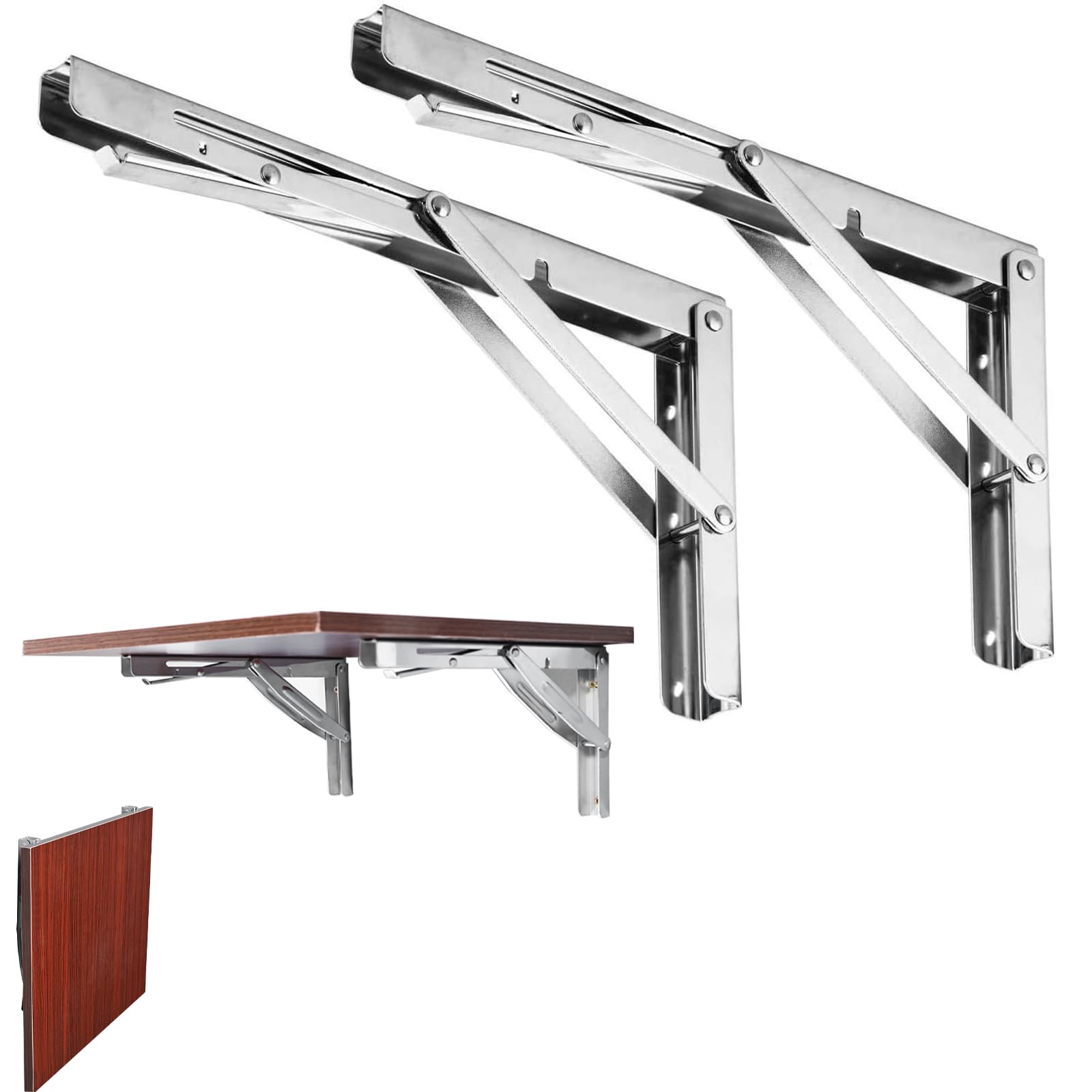 FreeTec 2 PCS Long Release Arm Polished Stainless Steel Folding Shelf Bench Table Folding Shelf or Bracket, Max Load: 330lb, Long Release Arm