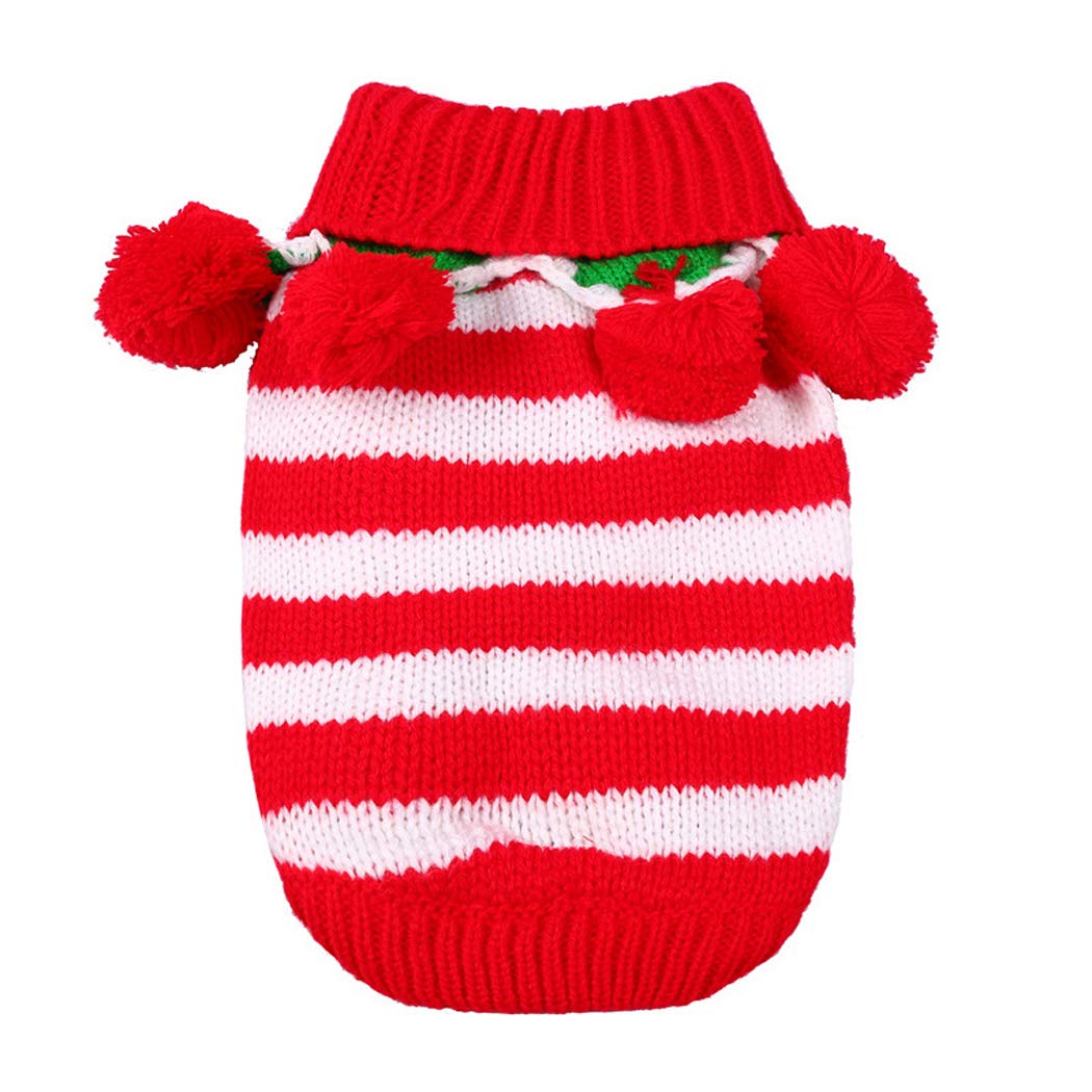 Hillento Christmas Pet Sweater Knitwear Costume with Collar and Balls for Winter for Cat Small Dog Puppy, Red & White