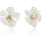 Sonateomber White Flower Stud Earrings for Women, Statement CZ Rhinestone Pearl Cluster Enamel Floral Petal Textured Earings Prom Wedding Accessories Fashion Jewelry Gift