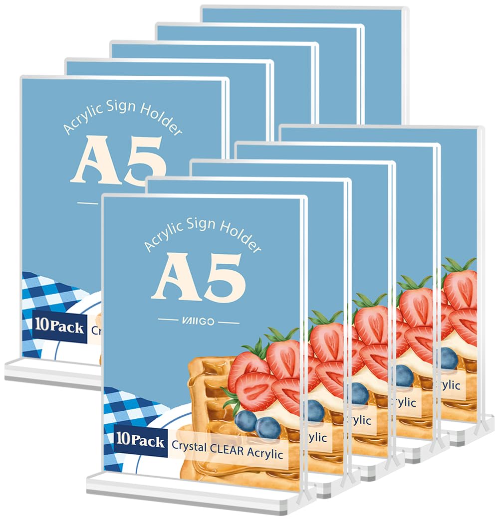 VAIIGO A5 Acrylic Sign Holder - 10Packs Poster Menu Holder for Table, Double-Sided Perspex Display Stand for Restaurant, Bar, Hotel, Office, Store, Counter Leaflet Sign Holder