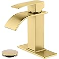 JXMMP Waterfall Faucet for Bathroom Sink, Single Hole Bathroom Faucet Brushed Gold with Pop Up Drains and Deck Plate for 3 Hole Installation JXM122BG
